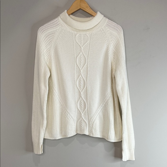 Banana Republic Cable Knit Mock-neck Sweater Cream Coastal Neutral Size Large - Picture 2 of 11